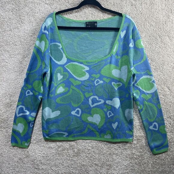 Asos Square Neck Sweater Women's 14 Blue Bold Heart Print Knit Pullover Top - Picture 5 of 13